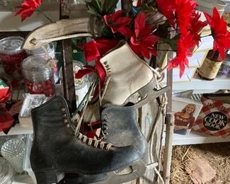 Antique sled with antique skates ready for your front porch.