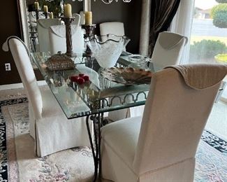 Dining set -  wrought iron legs with marble and thick glass top + 6 chairs