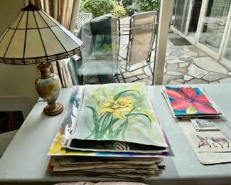 Big stack of original art; alabaster lamp
