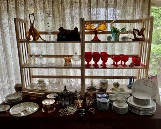Gold Anthony birds, lion bookends, Murano cat, Fostoria American, Fostoria Argus, Orrefors bowl, Ship's bell clock,  Bing & Grondahl Christmas plates, fine china