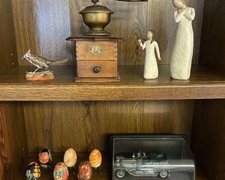 Vintage coffee grinder; painted eggs with stands; numerous curiosities and unusual items to be sold.