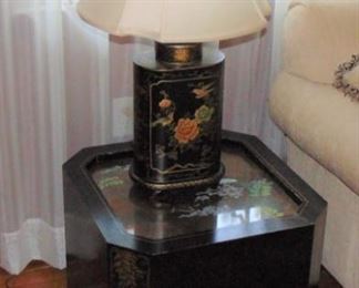 One of a pair of Asian black lacquered end tables and lamps (lamps =pair, end tables =pair)