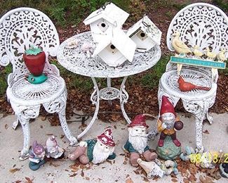 Cast patio set, bird houses,  lawn decorations