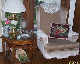 Wing back chair, lamp table