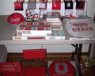 Ohio State Buckeye items including stadium seats, toilet seat, games and figurines
