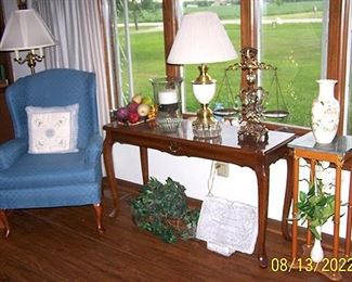 Wing back chair, sofa table, plant stand