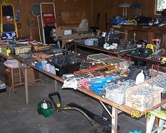 Garage items including tools, weed whip, leaf blower