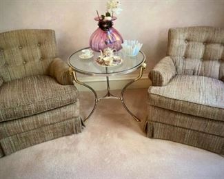 Matching chairs - brown tweed with teal and pink