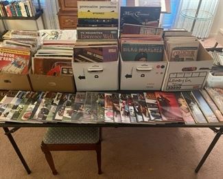 Motor trend magazines, vinyl albums, vintage car magazines and calendars, vintage post cards 