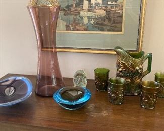 100 Years of Treasures:  Murano glass pieces, Northwood Carnival Glass pitcher & tumblers, Asian style cabinet