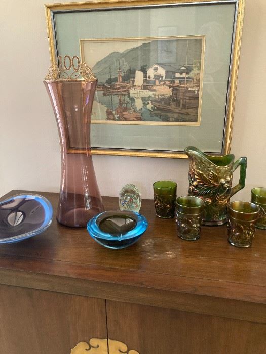 100 Years of Treasures:  Murano glass pieces, Northwood Carnival Glass pitcher & tumblers, Asian style cabinet