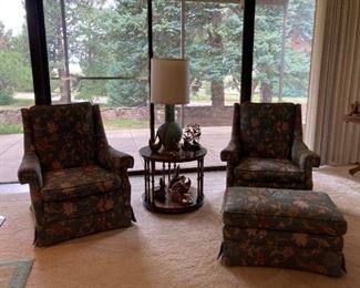 Lounge chairs & ottoman,  stone lamp, Murano pieces and Bird sculptures,  mid century round end table