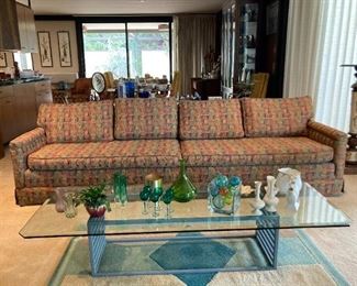 Mid-Century 9' sofa, custom coffee table base with beveled glass top , glass and china accessories