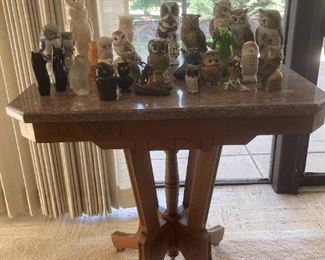 Owl collection, vintage Eastlake side table with marble top