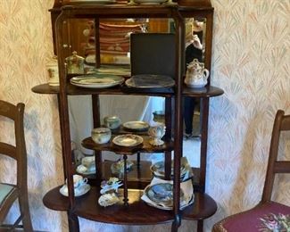 Vintage Mahogany Etagere with mirror back, vintage plate collections and china tea sets