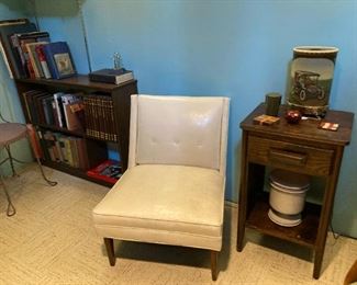 Mid-Century white leather slipper chair, side table