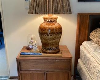 Mid-Century Brown-Saltman night stand (2) , Stone table lamp