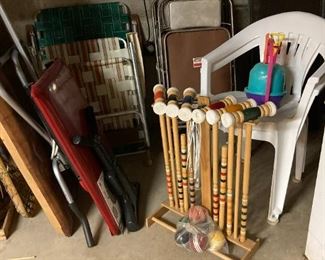 Croquet set, outdoor chairs, folding chairs