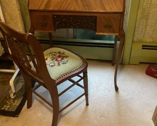 Antique drop front writing desk, needlepoint seat side chair