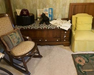 Antique cedar chest, rocker and child's slipper chair, Shriner's Fez 