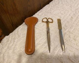 Desk set - brass scissors & letter opener in leather case