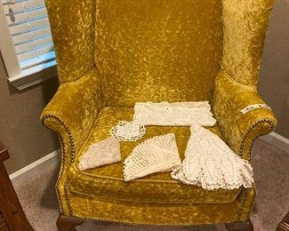 Matching velvet chair to one in LR + crochet scarves
