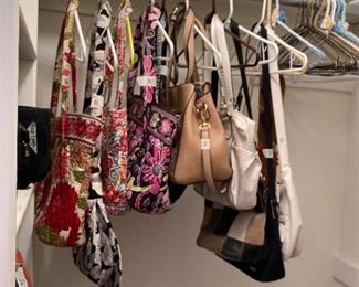 Master bathroom closet - purses - Vera Bradley + others