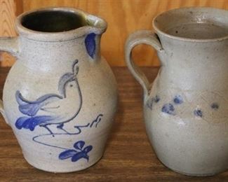 182 - Pair Blue Accent Stoneware Pitchers 8" Tall AS IS CHIPPED