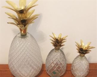 402 - 3 pc. Glass/Brass Pineapple Set 6 1/2", 8" & 13 1/2" tall
