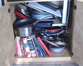 438 - Cabinet Lot Assorted Pots, Pans & Cookbooks