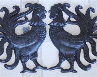 501 - Pair Cast Iron Rooster Wall Hangings 5" x 9"
