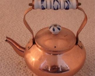 921 - Vintage Copper Teapot with Blue/White Ceramic 10" x 11"