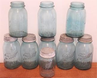 972 - 9 pc. Blue Glass Mason Jars 7" and 5 1/2" tall