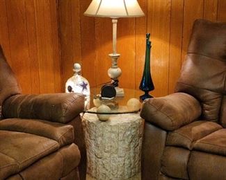Vintage Tesselated Stone Table w/ Glass Top & Table Lamp