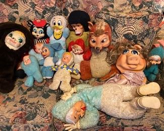 Vintage rubber faced stuffed animals, elves, babies