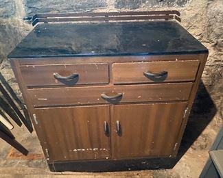 Vintage metal medical? cabinet with black marble? Top