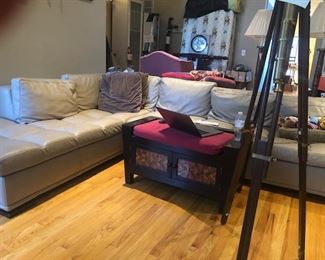 Imported Italian leather sofa, small bench, twin size bed with mattress and box spring