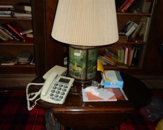 Small antique table and hunt scene lamp