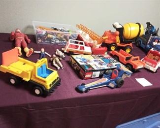 Lot of Plastic Metal Transportation Toys, Legos, and Action Figures