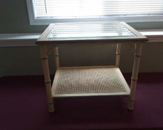 White and Blue Wood and Glass Side Table