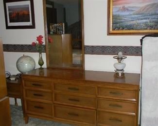 long dresser with mirror / pictures