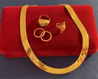 14k and 18k gold jewelry including 14k necklace, 2 18k gold bands, 14k & turquoise ring, 14k coral ring