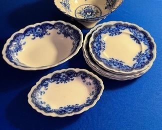 Antique Johnson Brothers Oregon flow blue plates and bowl