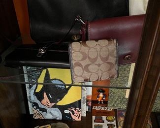 Coach purses and wallets. Marvel and Batman books. Vintage Hanukkah puffy stickers 
