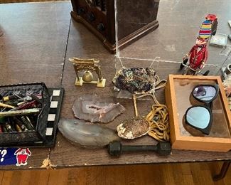 Fountain pen collection and pen repair materials, antique wind up toy, turtle shell necklace, brass gong
