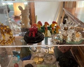 Glass figures, fossils, shark tooth, minerals, gems, crystals