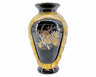 Vintage Peacock Motif Ceramic And Brass Vase