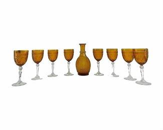 9 pc Vintage Amber Glass Wine Vase And Glasses