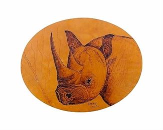 Signed Wood And Leather Rhinoceros Art