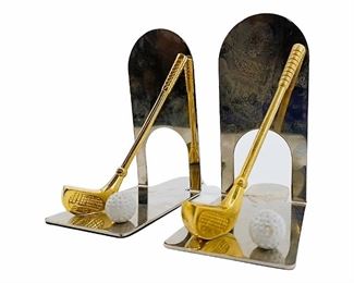 2pc Brass And Steel Golf Theme Book Ends